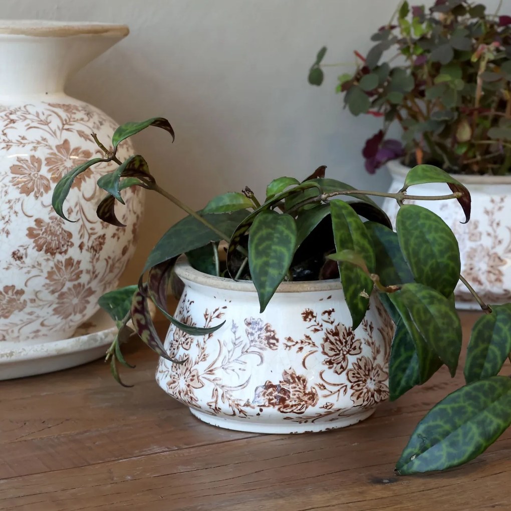 Ghiveci decorativ tronconic alb din ceramică pictată manual, cu motiv floral natur, 12,5x7,5 cm, „Grenoble"