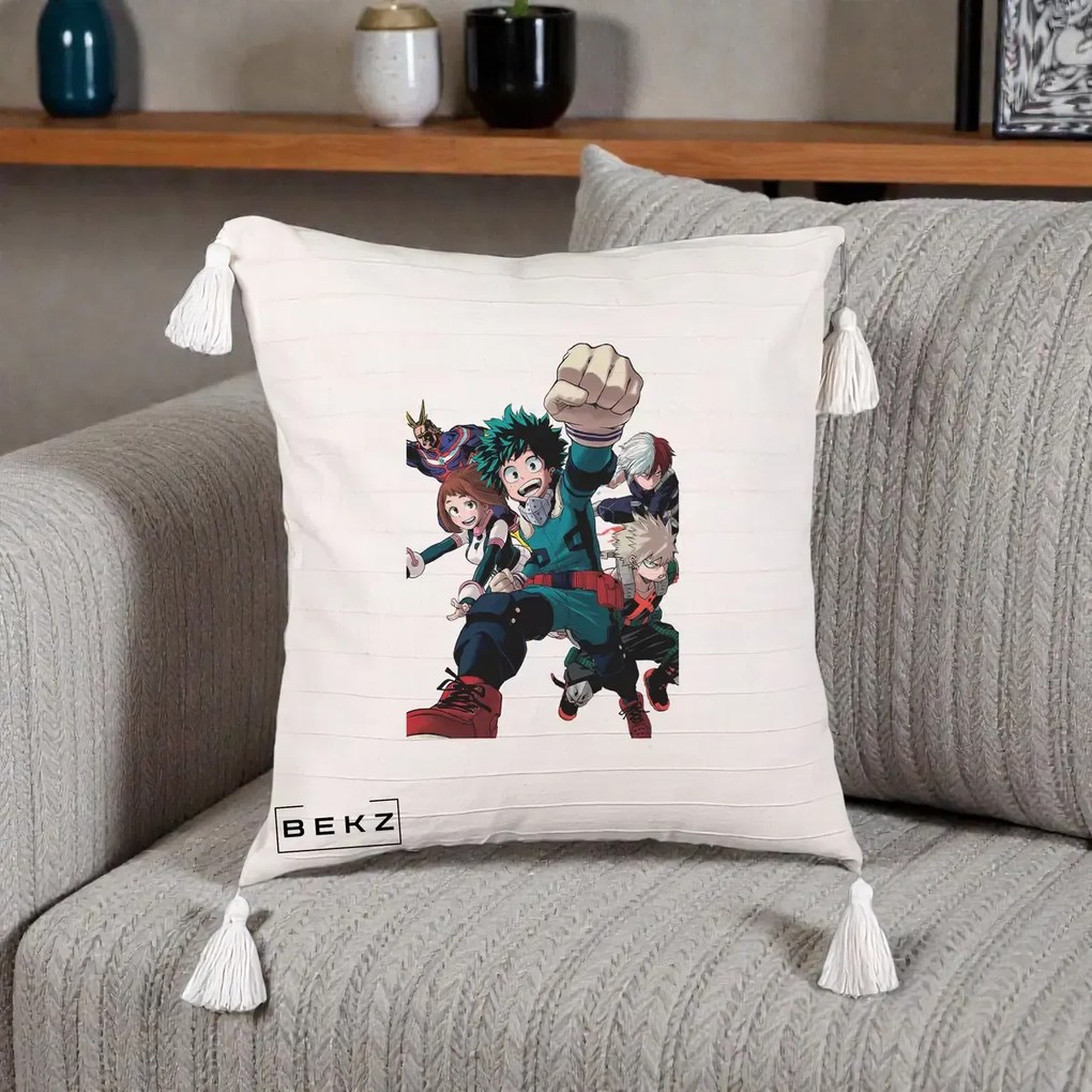 Perna Personalizata My Hero Academia Izuku Deku si Echipa, 40x40 cm, Bej cu Franjuri, Husa Detasabila, Perna Inclusa, BEKZ®