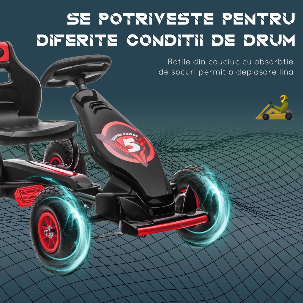 HOMCOM Go Kart pentru Copii 5-12 Ani, cu Pedale, Scaun Ajustabil și Cauciucuri Gonflabile, Frână de Mână și Amortizare Socuri Roșu | Aosom România