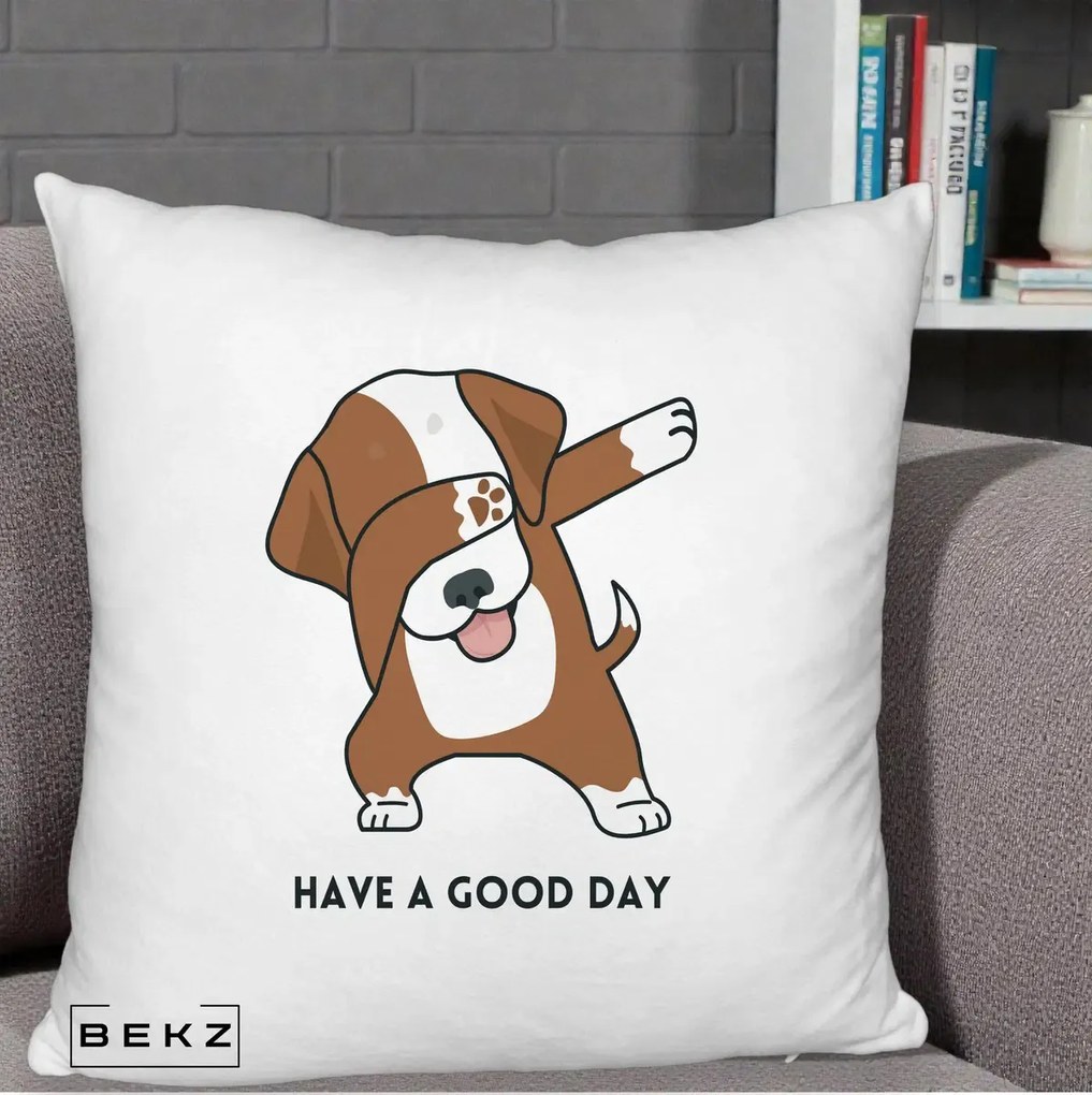 Perna Decorativa Caine Dab Have A Good Day, 40x40 cm, Alb Pufos, Husa Detasabila, Perna Inclusa, BEKZ®