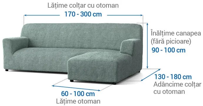 Huse bielastice COSTINA mentă canapea cu otoman dreapta (l. 170 - 300 cm)