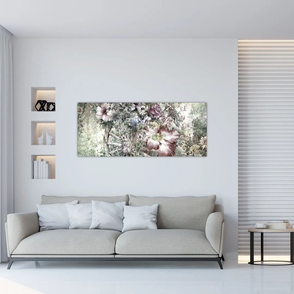 Tablou - Flori pe roata de lemn (120x50 cm)