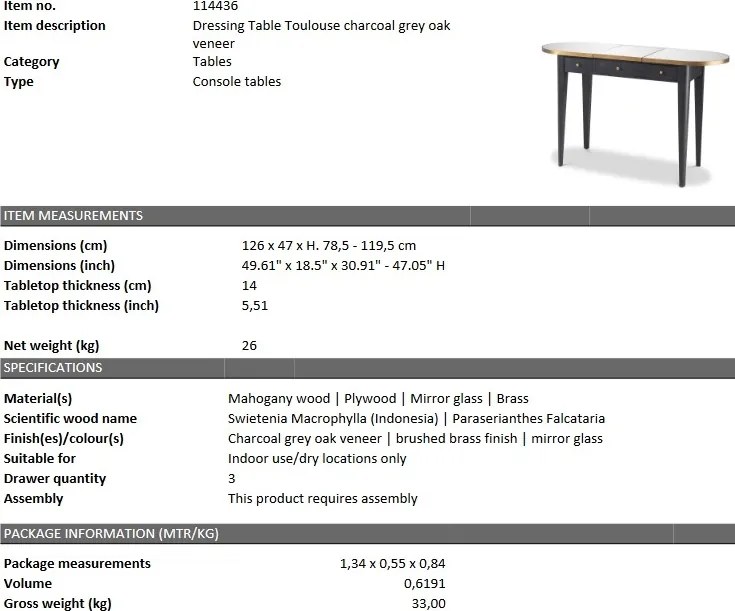 Masa de machiaj design elegant LUX Toulouse, gri carbune 114436 HZ