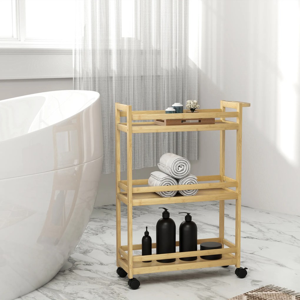 HOMCOM Raft de Baie din Bambus cu 3 Niveluri, Carucior Organizator cu Roți pentru Bucătărie, Baie, Living, 55 x 20 x 75 cm - Natural | Aosom Romania