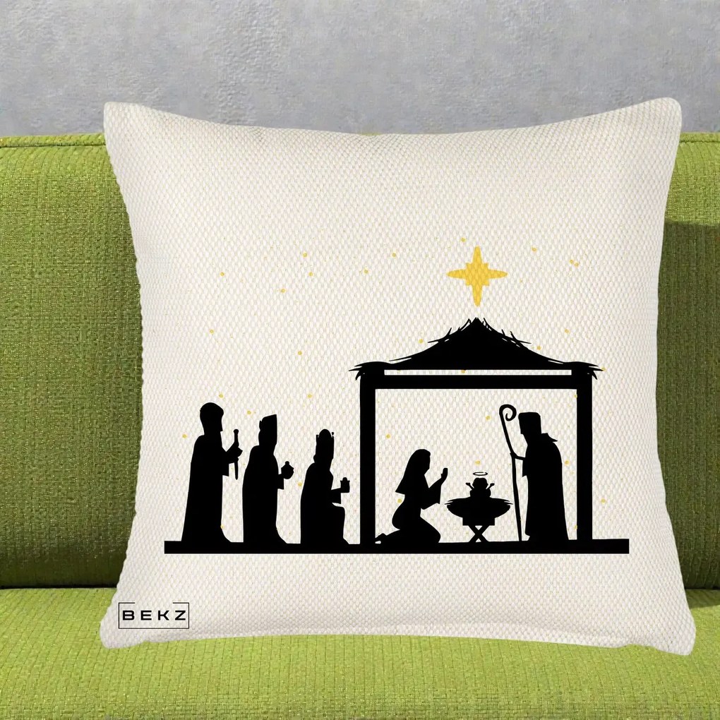 Perna Decorativa Nasterea Pruncului Silueta Neagra si Stea Aurie, 40x40 cm, Crem Reliefat, Husa Detasabila, Perna Inclusa, BEKZ®