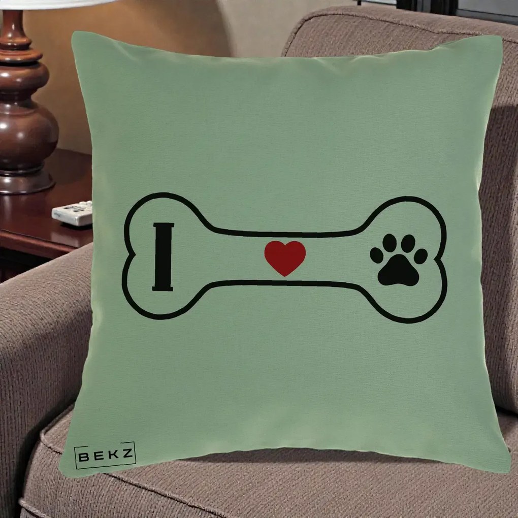 Perna Personalizata I Love Dog Os si Labuta, 40x40 cm, Verde, Husa Detasabila, Perna Inclusa, BEKZ®