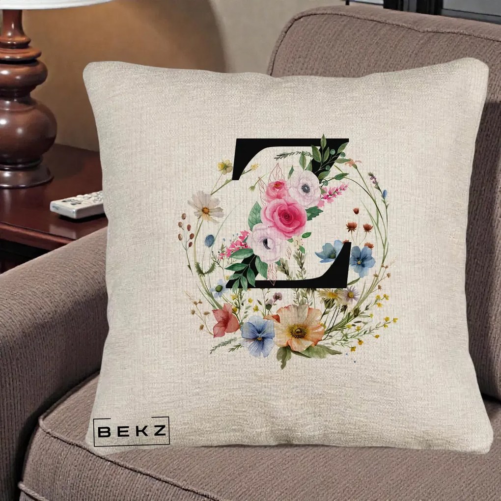 Cadou Personalizat - Perna Personalizata Monograma Florala Litera Z cu Coroana, 40x40 cm, Bej Canapea, Husa Detasabila, Perna Inclusa, BEKZ®