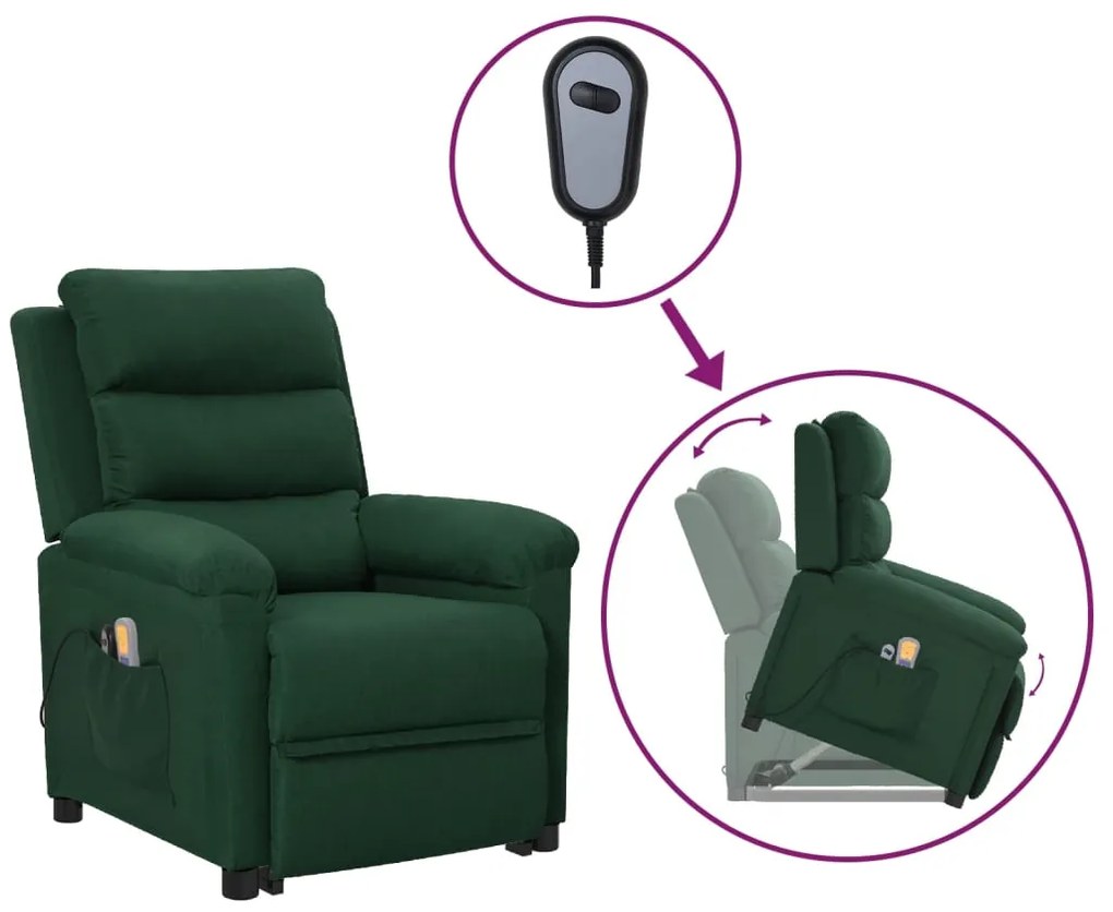 Fotoliu rabatabil de masaj cu ridicare, verde închis, textil