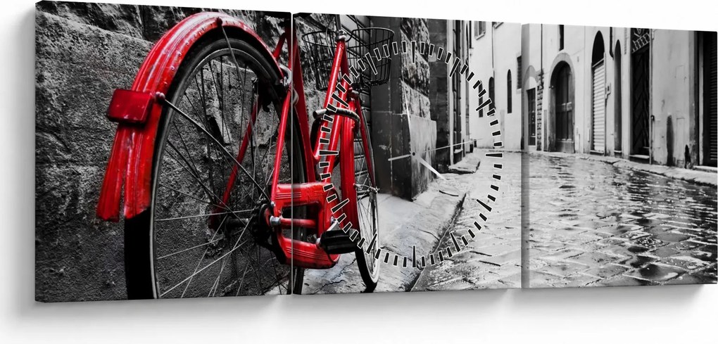 Tablou - Bicicleta roșie pe o stradă pavată (cu ceas) (90x30 cm)