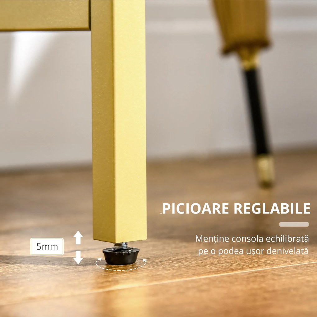 HOMCOM Masă Consolă de Hol din Oțel și Sticlă Calită, Design Modern, Picioare Reglabile, Alb și Auriu | Aosom Romania