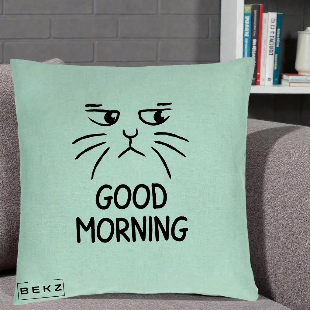 Perna Decorativa Pisica Morocanoasa Good Morning, 40x40 cm, Verde Menta, Husa Detasabila, Perna Inclusa, BEKZ®