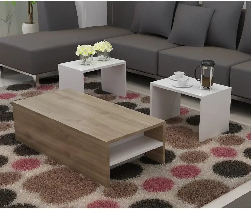 Masa cafea cu masute detasabile Mora Homs alb-nuc