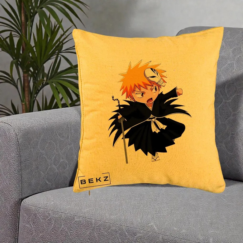 Perna Personalizata Bleach Ichigo Chibi cu Masca, 40x40 cm, Galben, Husa Detasabila, Perna Inclusa, BEKZ®