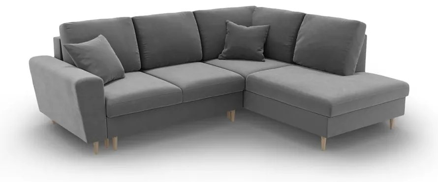 Colțar gri deschis extensibil, cu spațiu de depozitare cu tapițerie din catifea (cu colț pe partea dreaptă-în formă de ”L”) Kyoto – Cosmopolitan Design