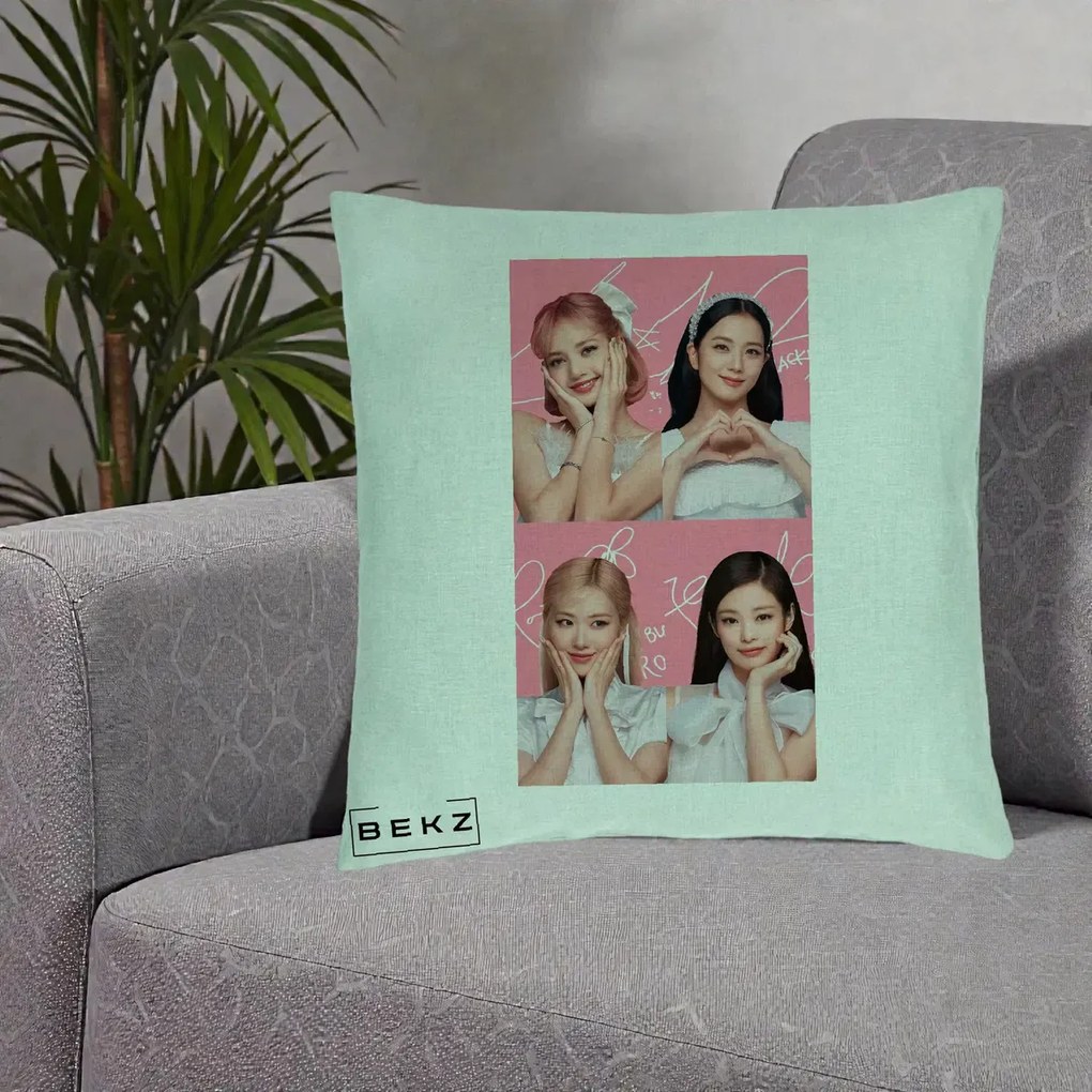 Perna Personalizata K-pop BLACKPINK Colaj Roz, 40x40 cm, Verde Menta, Husa Detasabila, Perna Inclusa, BEKZ®