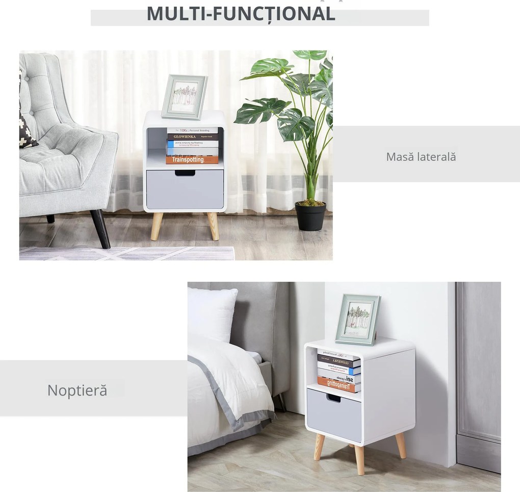 Noptiera HOMCOM cu Sertar stil Nordic din MDF si Lemn de Brad, 40x38x58 cm | Aosom Romania