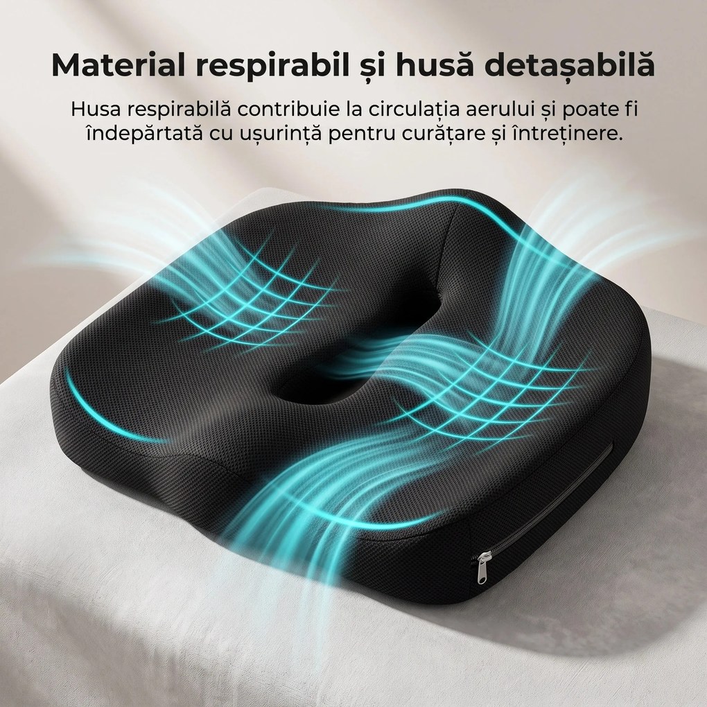 Perna ortopedica sezut memory foam ORTO COCCIS, husa mesh 3D, Negru