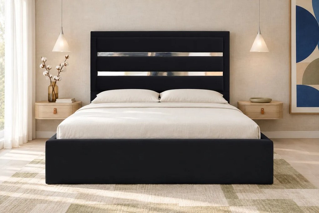 Pat tapițat din catifea Noren 140×200 cm, negru, detalii argintii, cu ladă de depozitare