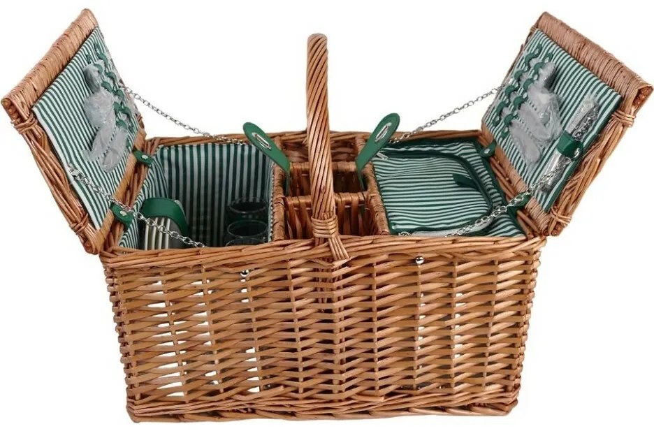 Arôme Coș de picnic pentru 4 persoane dungi verzi, 48 x 33 x 25 cm