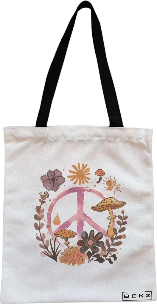 Sacosa de Panza pentru Cumparaturi, Geanta Tote, Colorful Mushrooms 9, Cu fermoar, 38x34.5 cm, Alba, BEKZ®