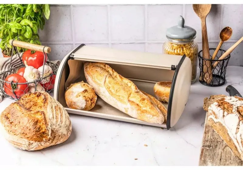 Cutie pentru paine Kinghoff KH 1754, 15x24x36 cm, Deschidere si inchidere lina, Otel, Bej