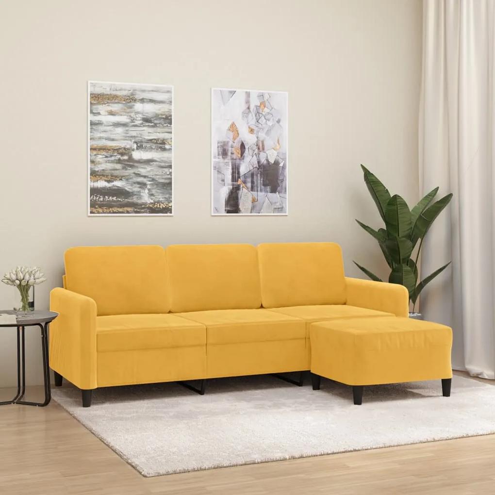 Canapea cu 3 locuri și taburet, galben deschis, 180 cm, catifea
