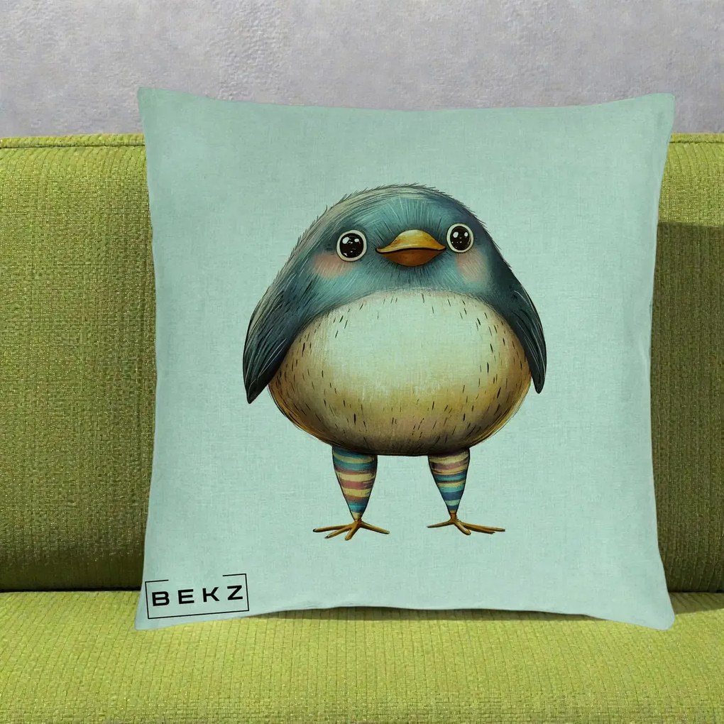 Perna Decorativa Pasare Teal-Bej cu Sosete Curcubeu, 40x40 cm, Verde Menta, Husa Detasabila, Perna Inclusa, BEKZ®