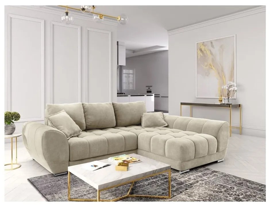 Colțar extensibil cu tapițerie de catifea și șezlong pe partea dreaptă Windsor &amp; Co Sofas Nuage, bej