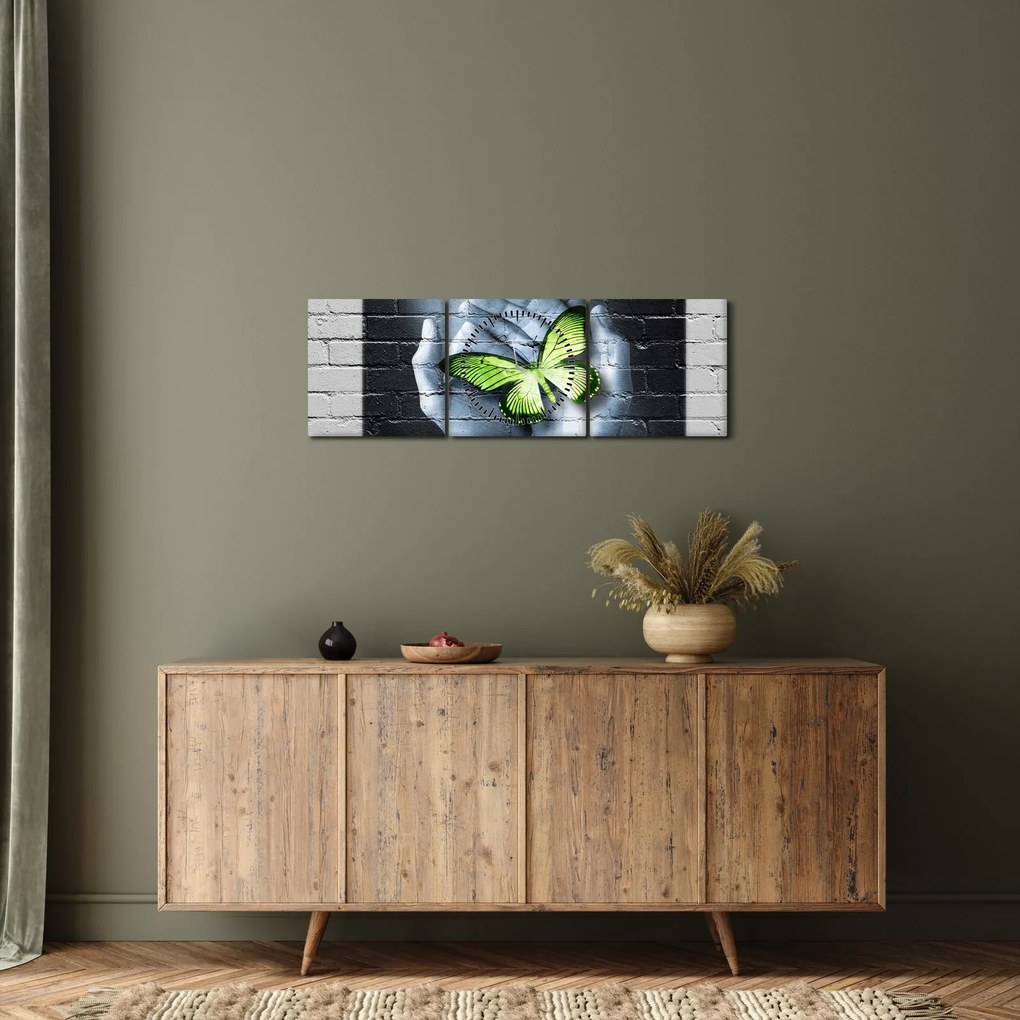 Tablou - Fluture verde în perete (cu ceas) (90x30 cm)