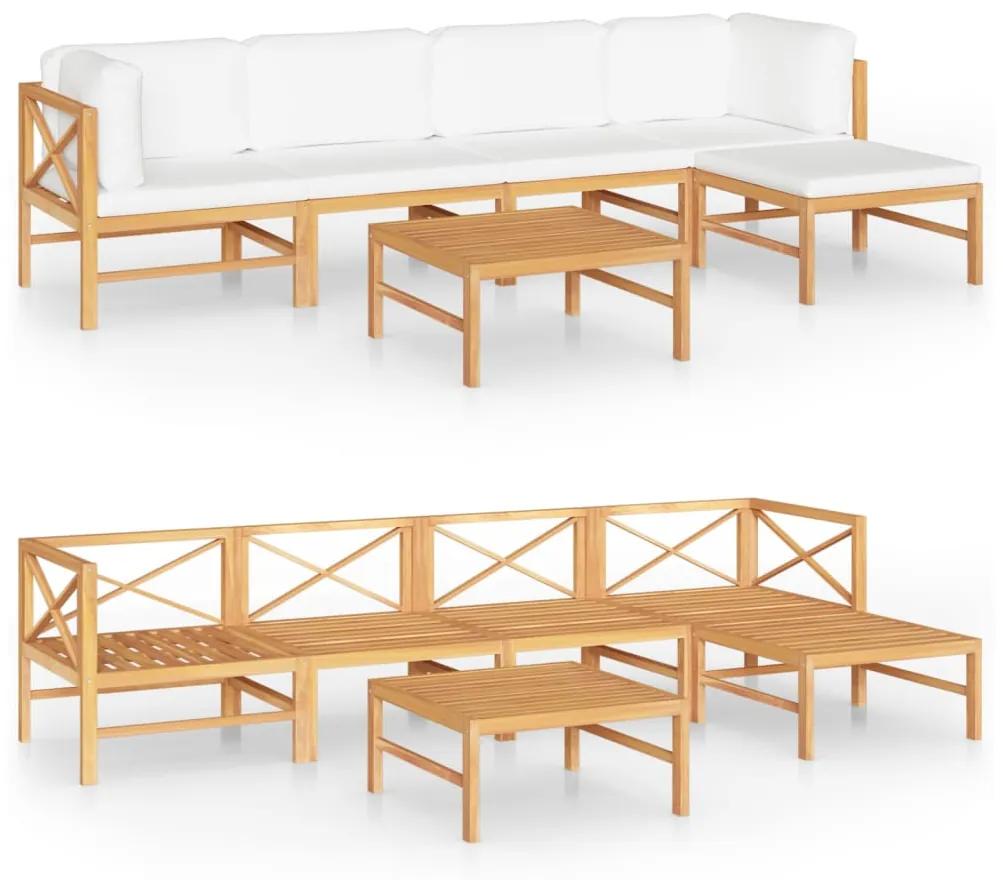 Set mobilier gradina cu perne crem, 6 piese, lemn masiv de tec Crem, 2x colt + 2x mijloc + suport pentru picioare + masa, 1