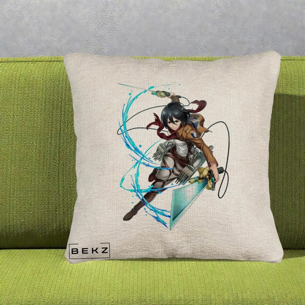 Perna Personalizata Attack on Titan Mikasa Ackerman Lupta, 40x40 cm, Bej Canapea, Husa Detasabila, Perna Inclusa, BEKZ®