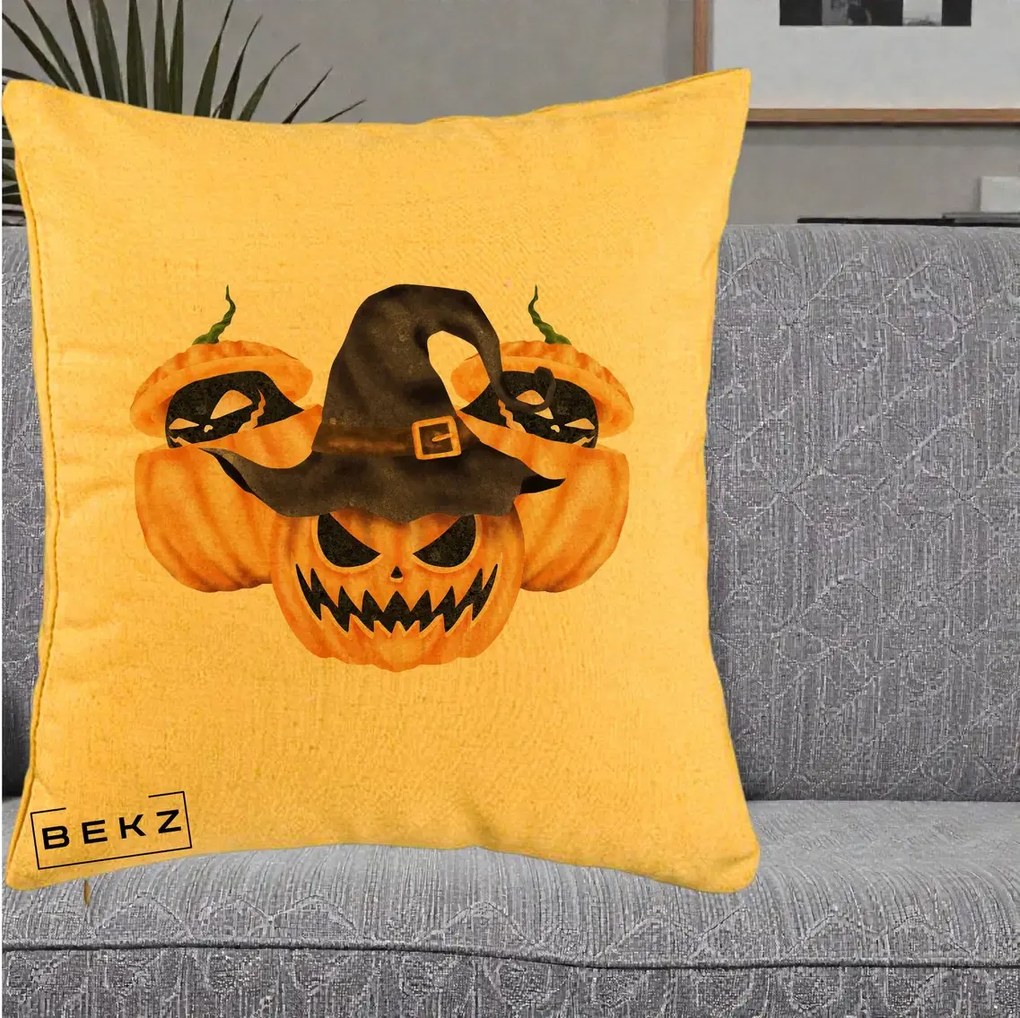 Perna Decorativa Trio Dovleci Jack-o-Lantern cu Palarie Vrajitoare, 40x40 cm, Galben, Husa Detasabila, Perna Inclusa, BEKZ®