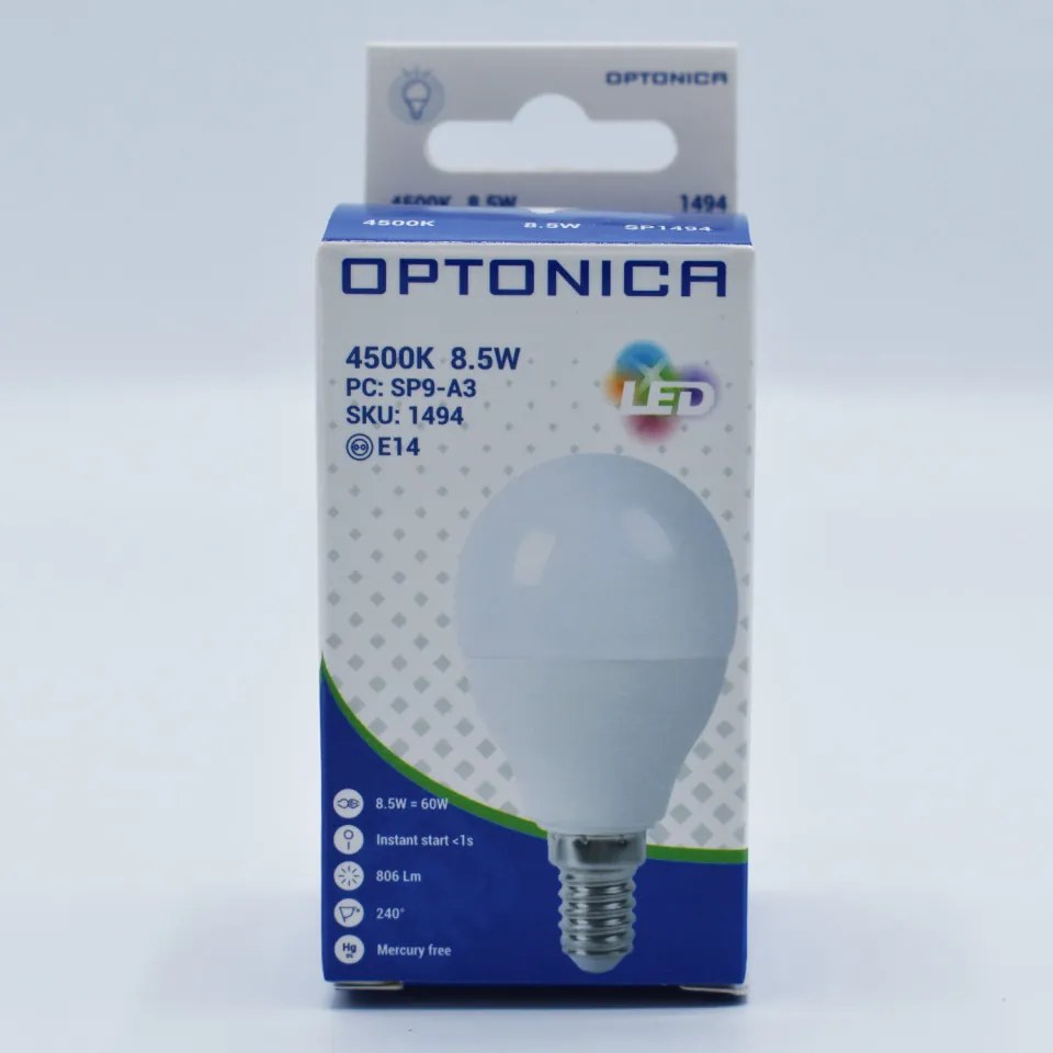 Bec LED sferic 8.5W(54W) Optonica, E14, G45, 800 lm, lumina neutra (4500K), opal, clasa energetica F