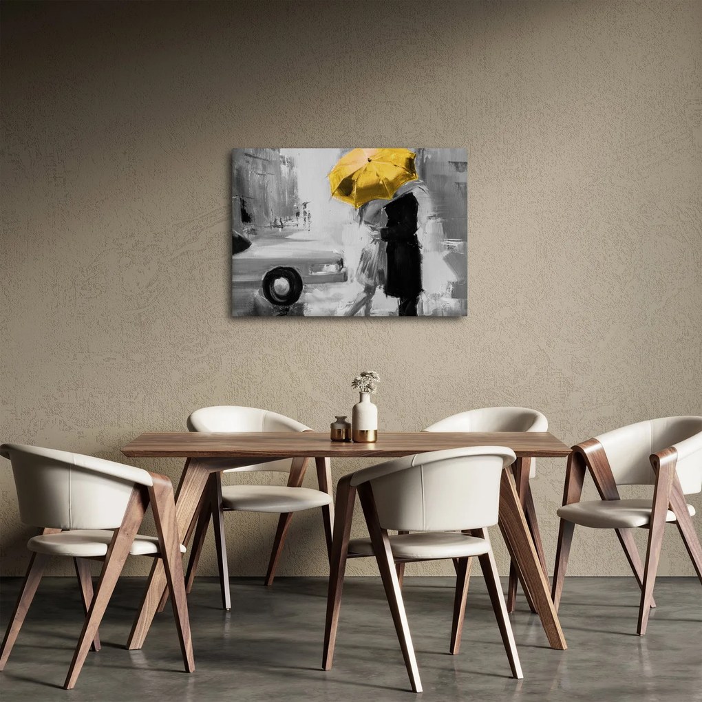 Tablou - Cuplu în dragoste sub o umbrelă, galben (70x50 cm)
