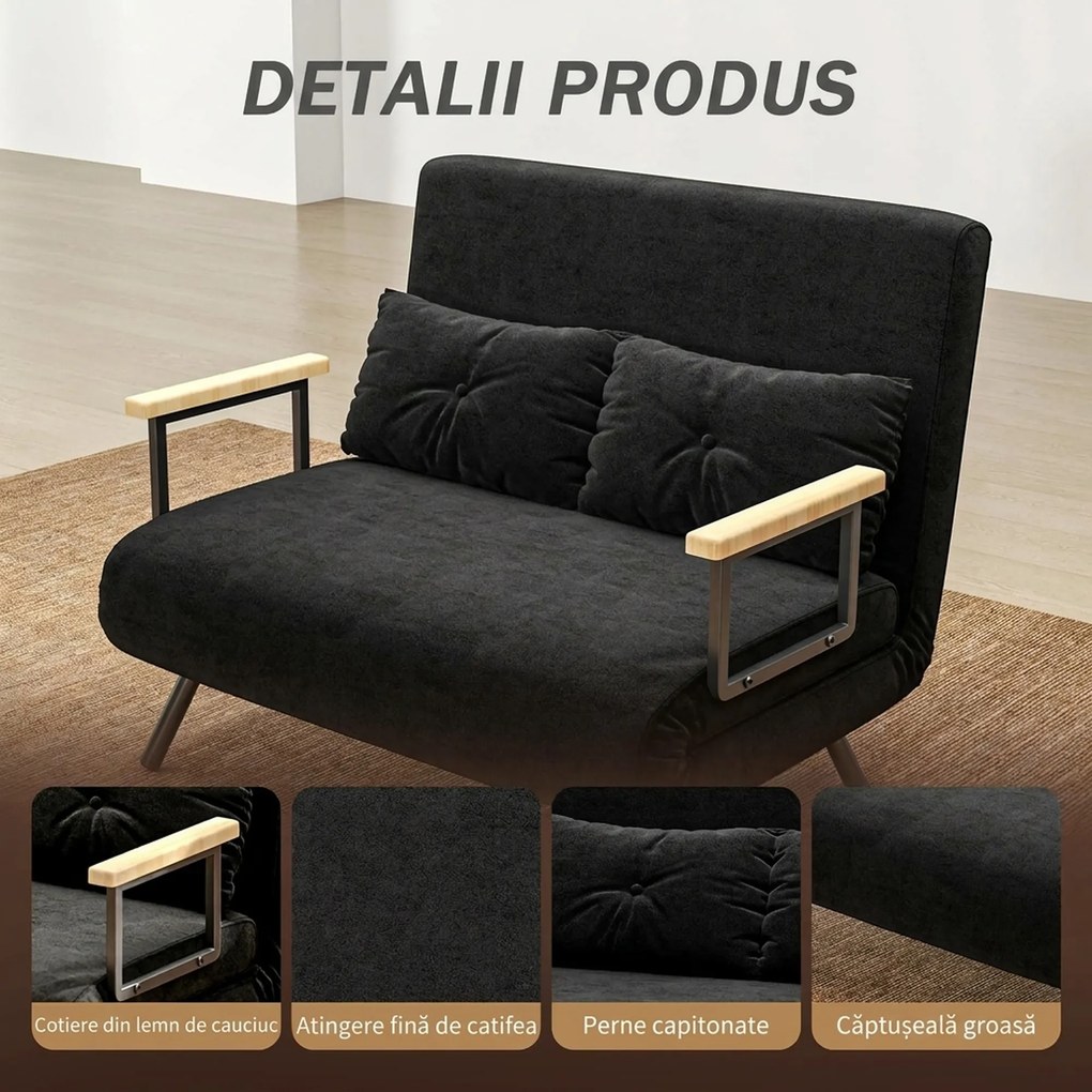 HOMCOM Canapea Pat de 2 Locuri cu Spătar Reglabil pe 5 Nivele și 2 Perne din Material Capitonat, 102x73x81 cm, Negru | Aosom Romania