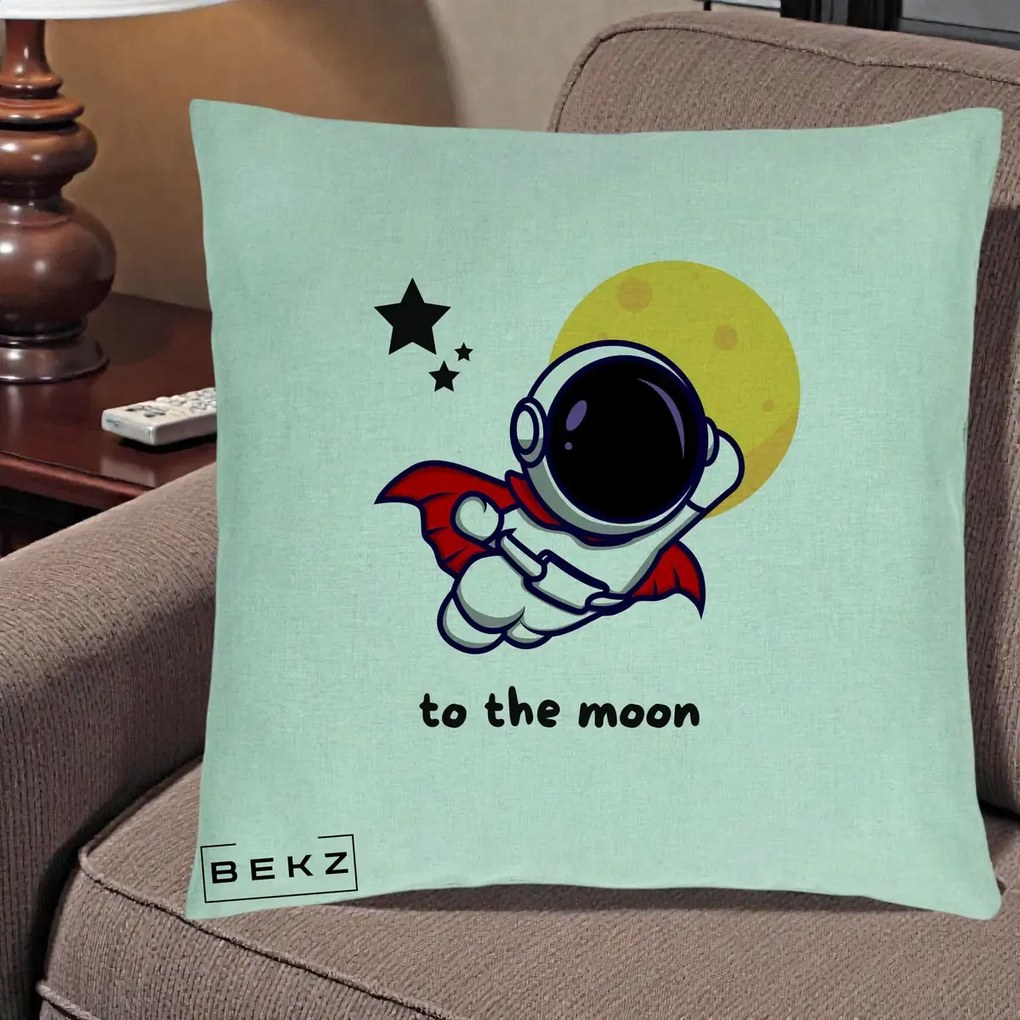 Perna Decorativa Astronaut To The Moon, 40x40 cm, Verde Menta, Husa Detasabila, Perna Inclusa, BEKZ®