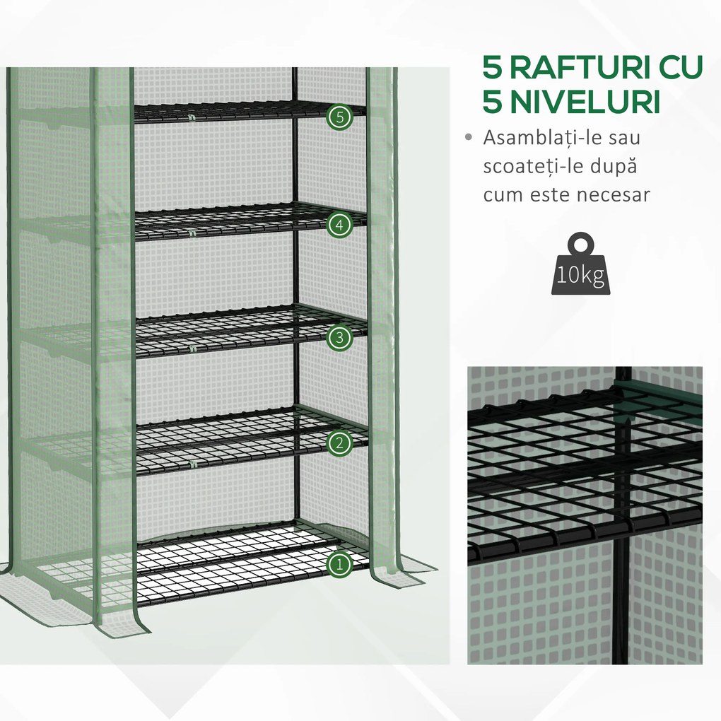 Outsunny Seră Mini pe 5 Niveluri cu Husă Ranforsată, Seră Portabilă cu Ușă Rulabilă și Rafturi de Sârmă, 193x90x49 cm, Verde | Aosom Romania