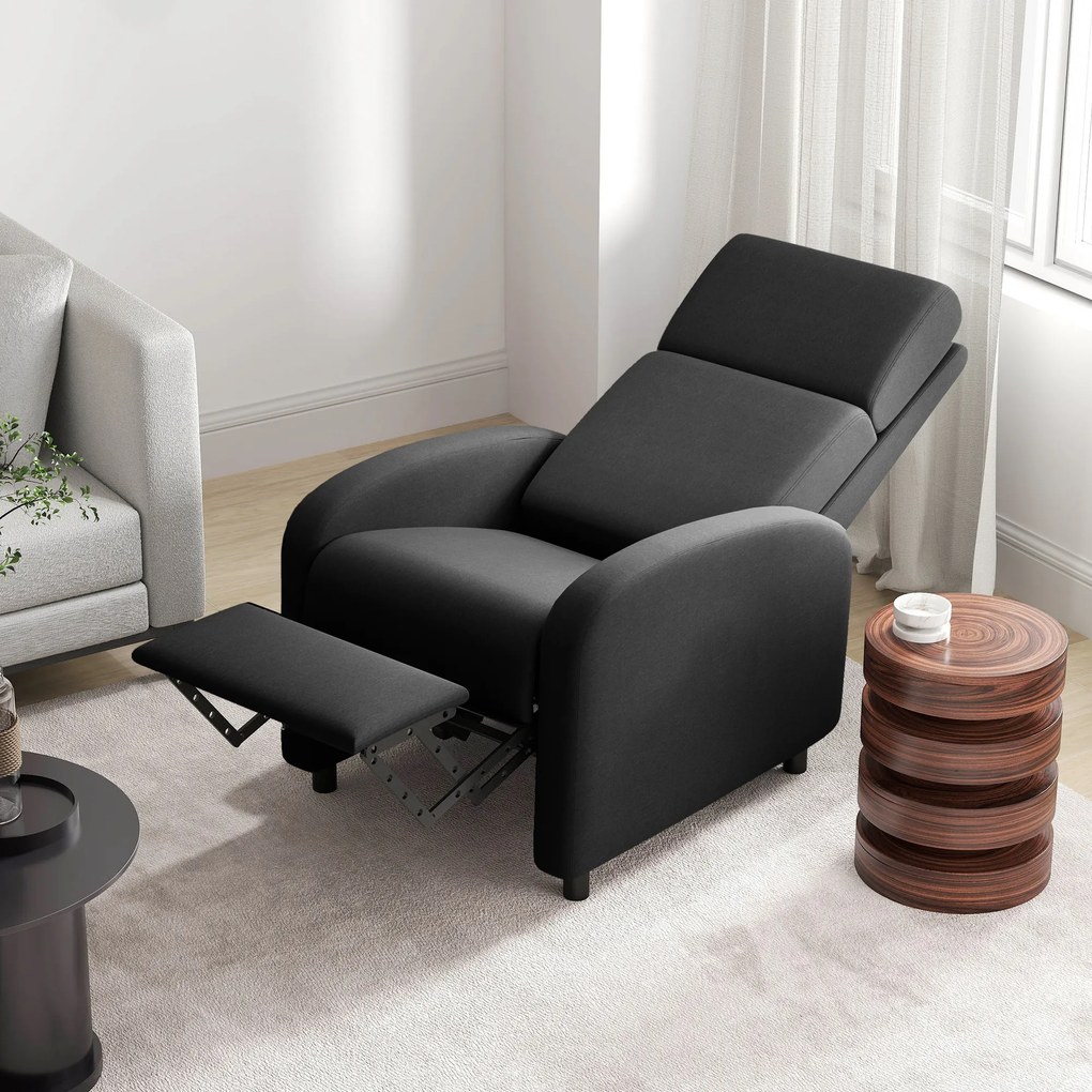 HOMCOM Fotoliu Relax Rabatabil Manual 160° cu Suport pentru Picioare, Fotoliu Ergonomic Tapițat cu Aspect de In pentru Dormitor, Birou, Living și Sufragerie, Negru | Aosom Romania