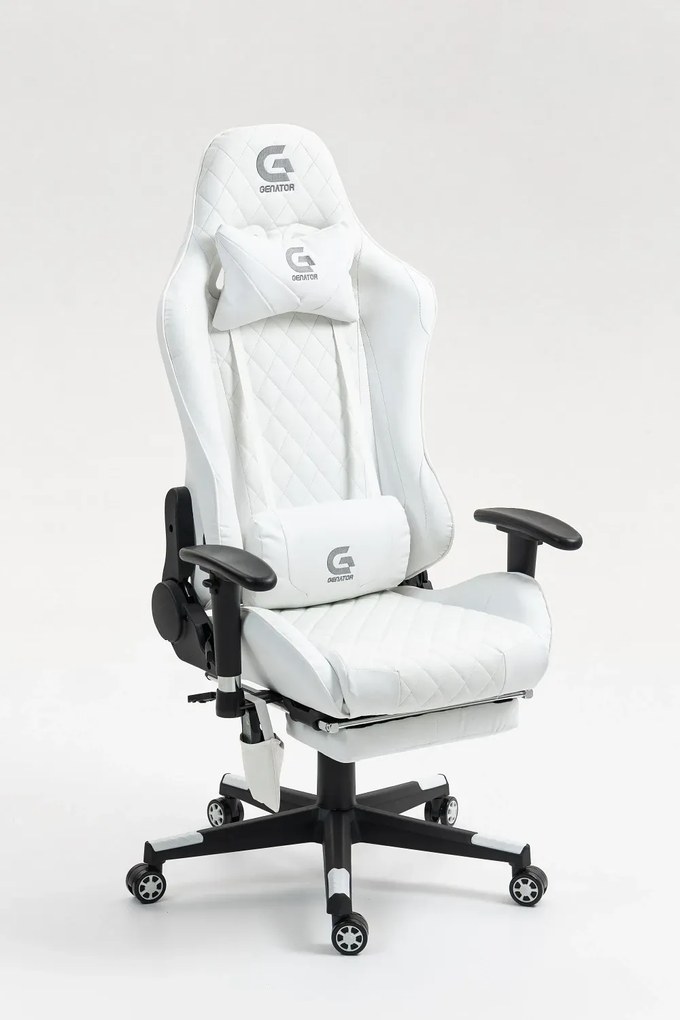 RESIGILAT- Scaun gaming, Masaj in 7 puncte, Boxe Bluetooth, funcție șezlong, 90-180 grade, suport picioare, sezut benzi elastice sustinere suplimentara, PU, Alb