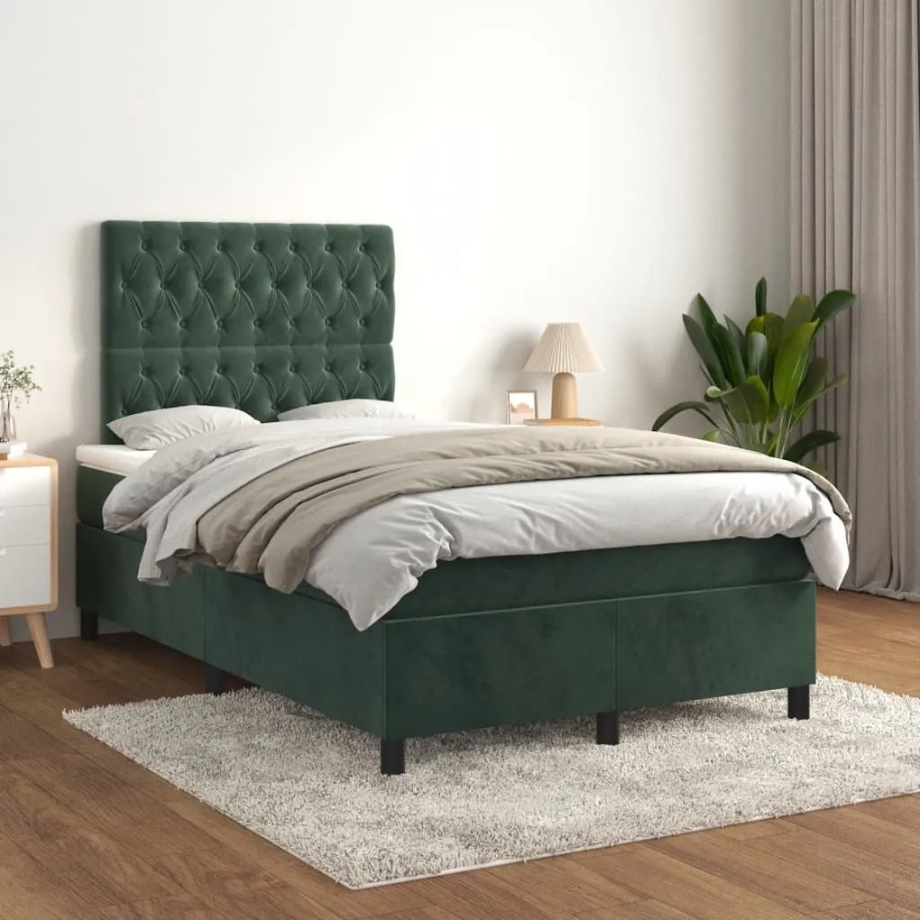 3143196 vidaXL Pat box spring cu saltea, verde închis, 120x200 cm, catifea