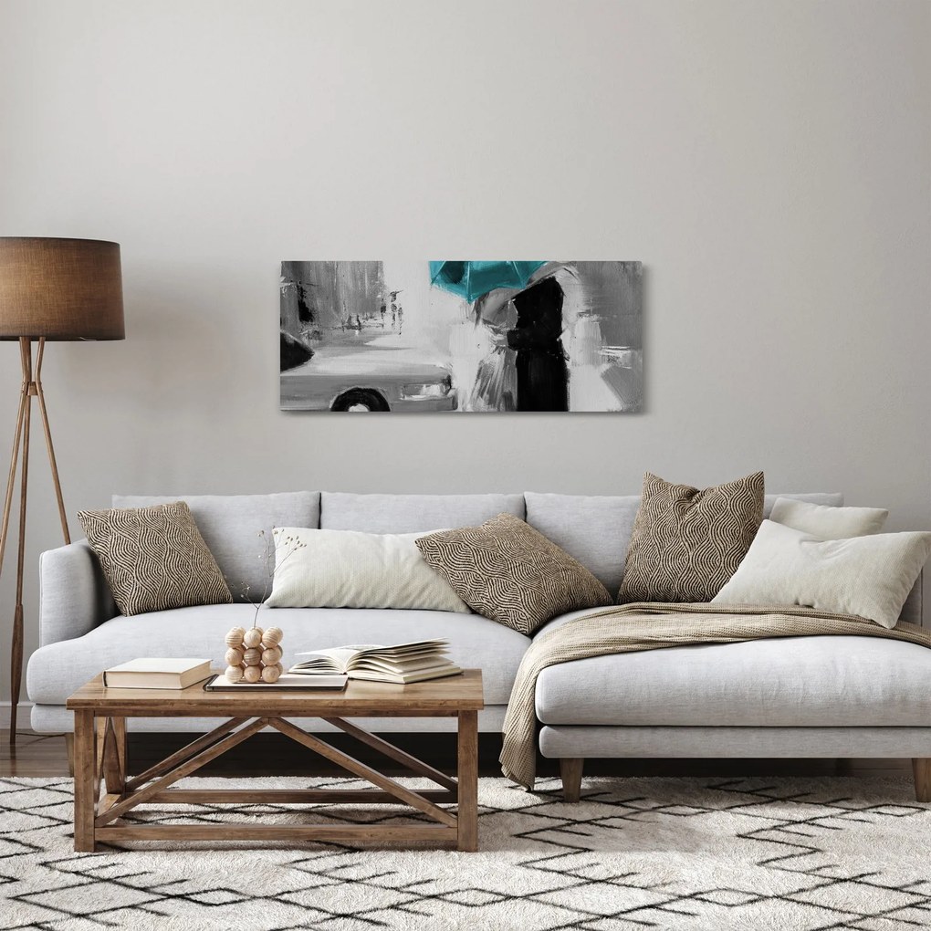 Tablou - Cuplu în dragoste cu umbrelă, albastru (120x50 cm)
