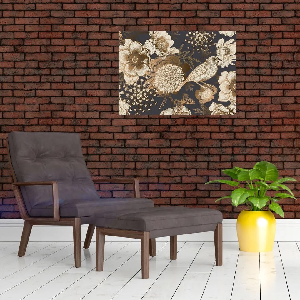 Tablou pe sticlă - Flori aurii pe fundal întunecat (70x50 cm)