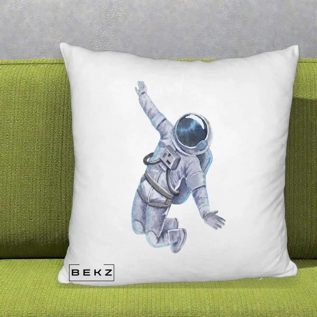 Perna Decorativa Astronaut Acuarela Zbor, 40x40 cm, Alb Pufos, Husa Detasabila, Perna Inclusa, BEKZ®