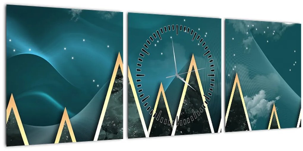 Tablou - Lună plină deasupra munțiilor aurii (cu ceas) (90x30 cm)