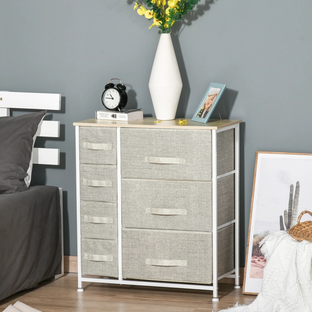 HOMCOM Comodă, Bufet, 7 sertare pliabile din material textil, Structură metalică, 63,5 x 30 x 71 cm, Gri deschis | Aosom Romania