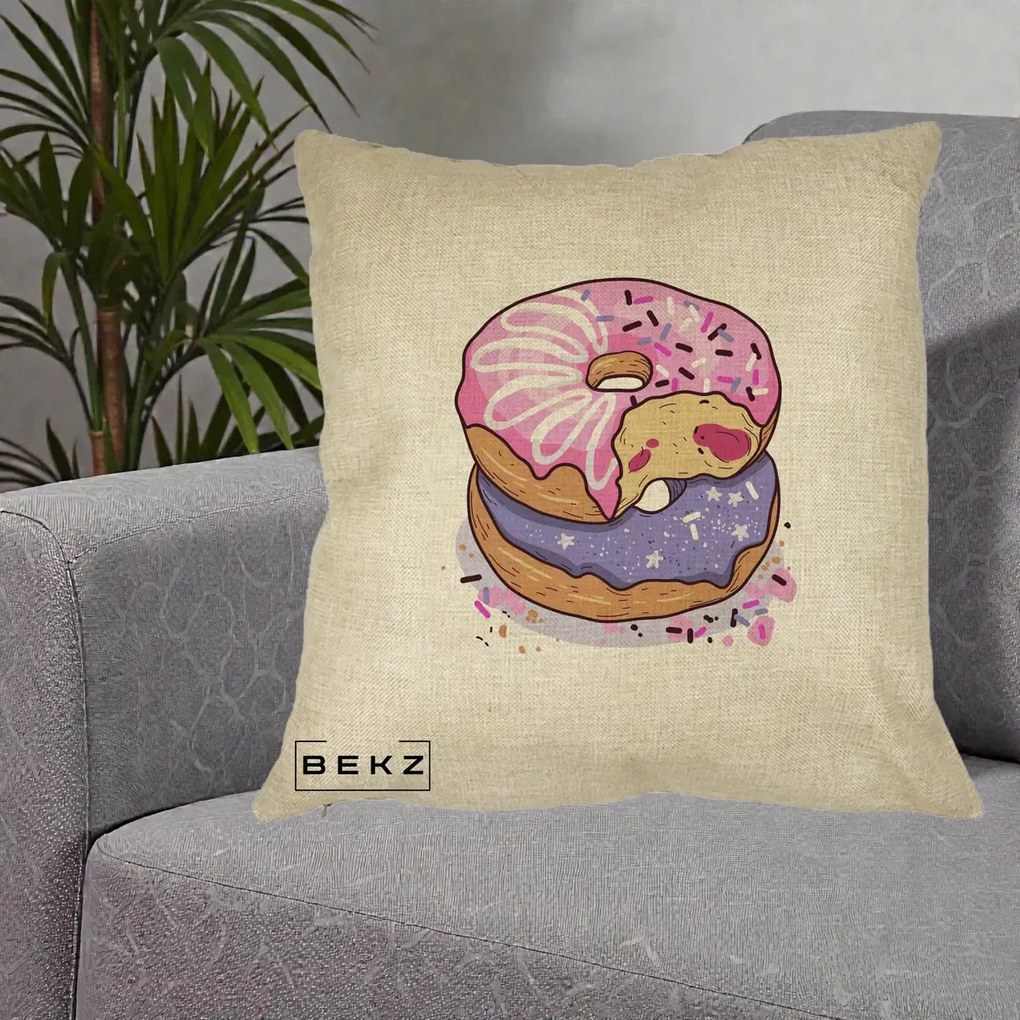 Perna Decorativa Donuts Roz si Mov, 40x40 cm, Crem, Husa Detasabila, Perna Inclusa, BEKZ®