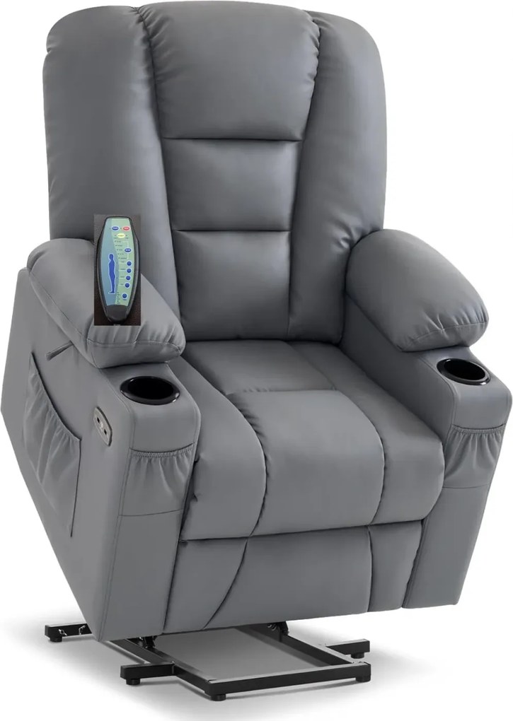 RESIGILAT- Fotoliu Electric Power Lift&Recliner, ridicare și rabatare, masaj și incalzire, porturi USB, suporturi pentru pahare, buzunare laterale, telecomenzi, PU, Gri