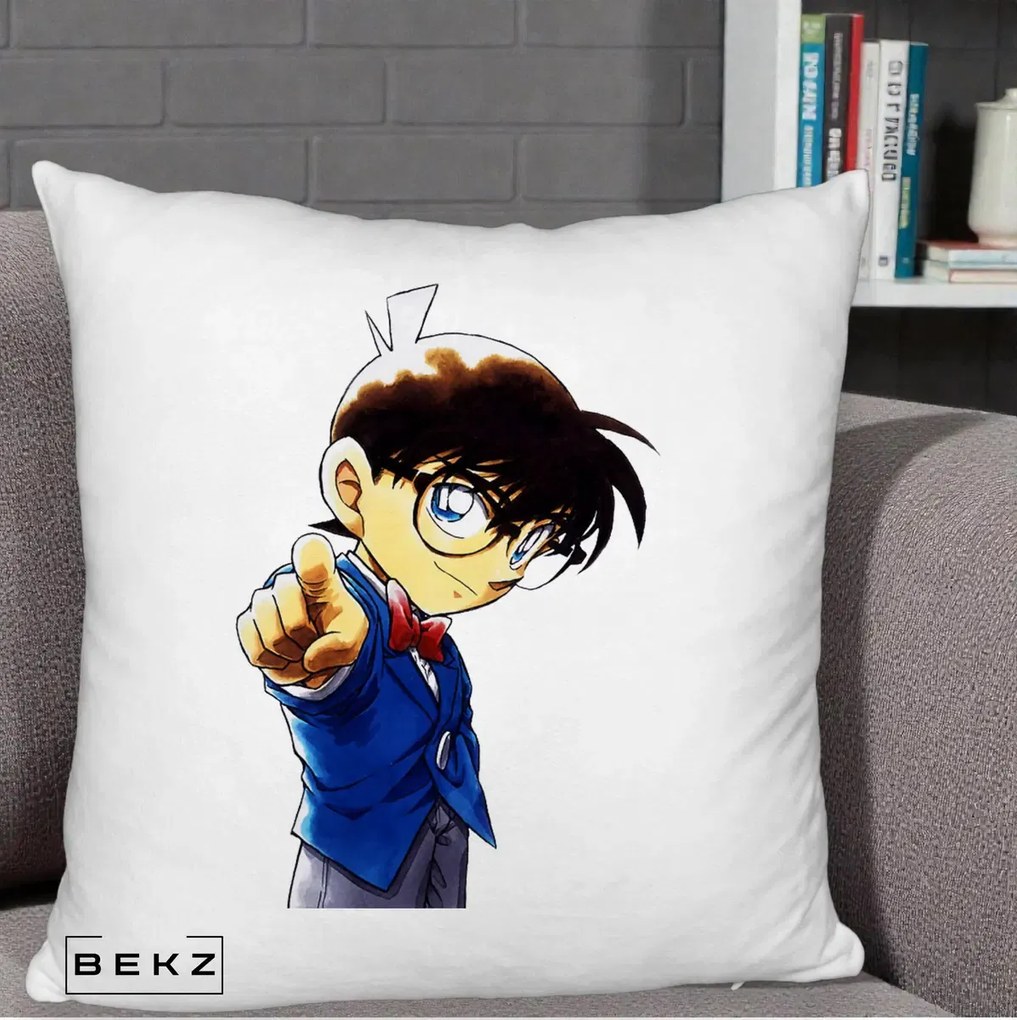 Perna Personalizata Detective Conan Conan Arata, 40x40 cm, Alb Pufos, Husa Detasabila, Perna Inclusa, BEKZ®