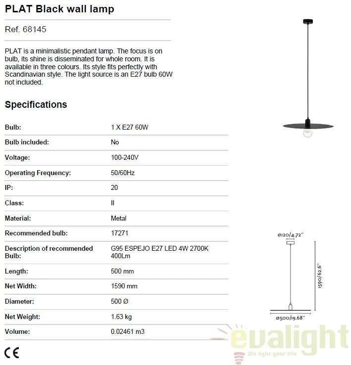 Pendul design modern minimalist PLAT negru 68145