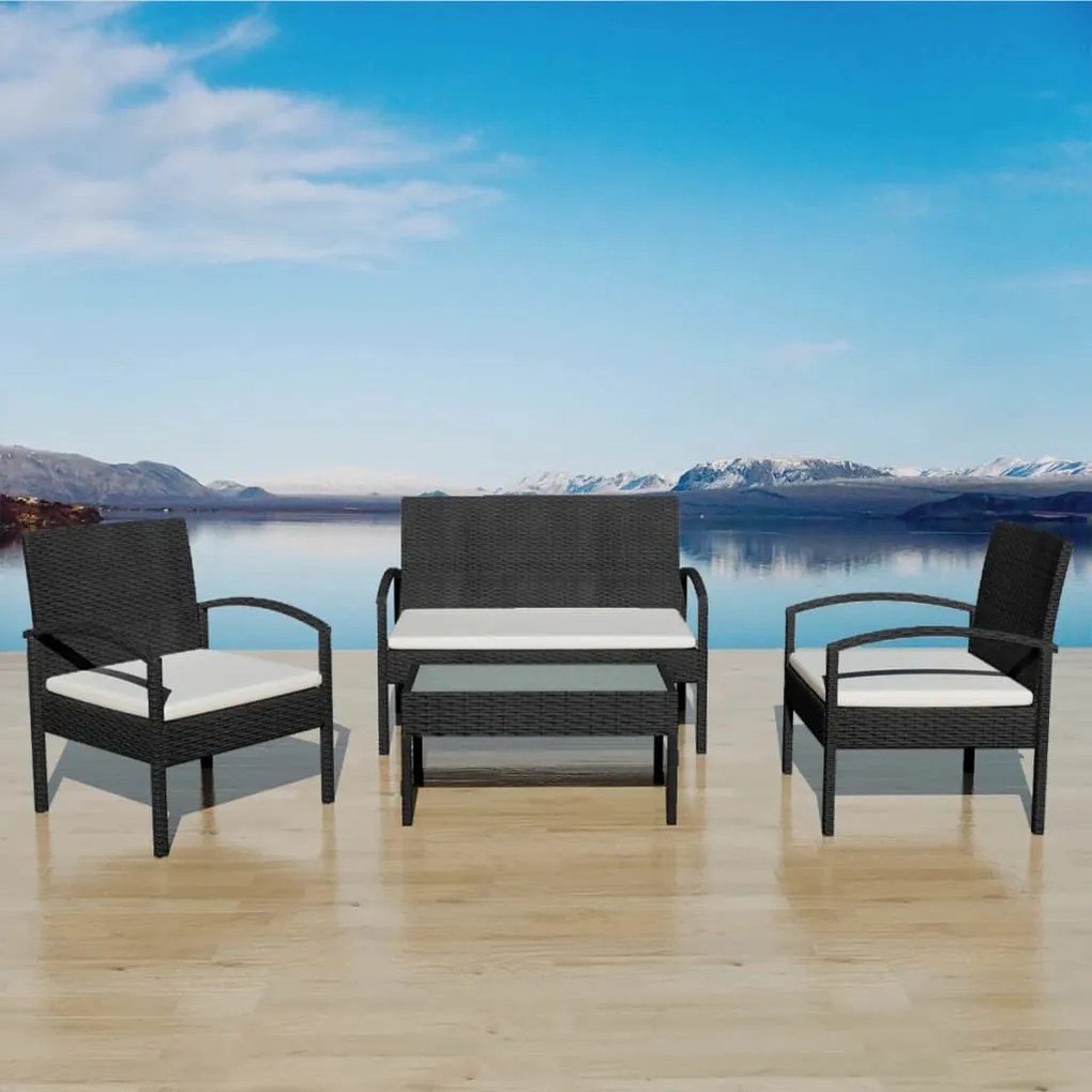 42673 vidaXL Set mobilier de grădină cu perne, 4 piese, negru, poliratan